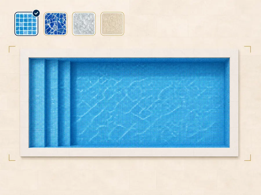 Pool uppifrån med blå mosaikliner och fyra linermönster att välja mellan