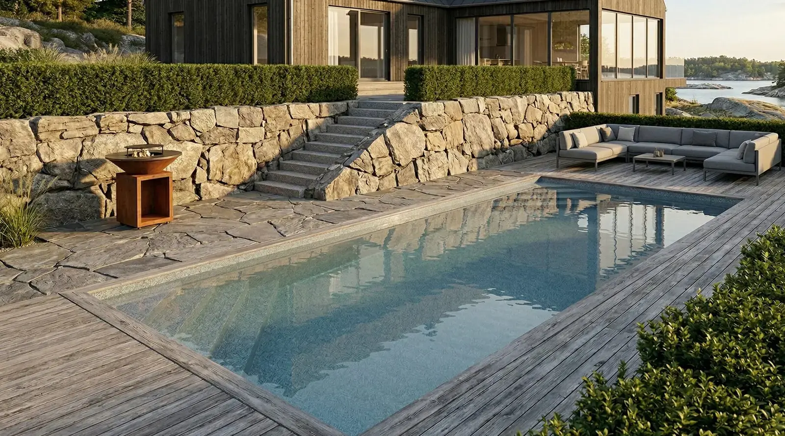 Modern rektangulär pool med trappa, trädäck och stensättning framför ett arkitektritat trähus vid vattnet i skärgårdsmiljö