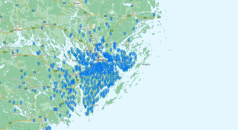 Karta över byggda pooler i Stockholm med omnejd