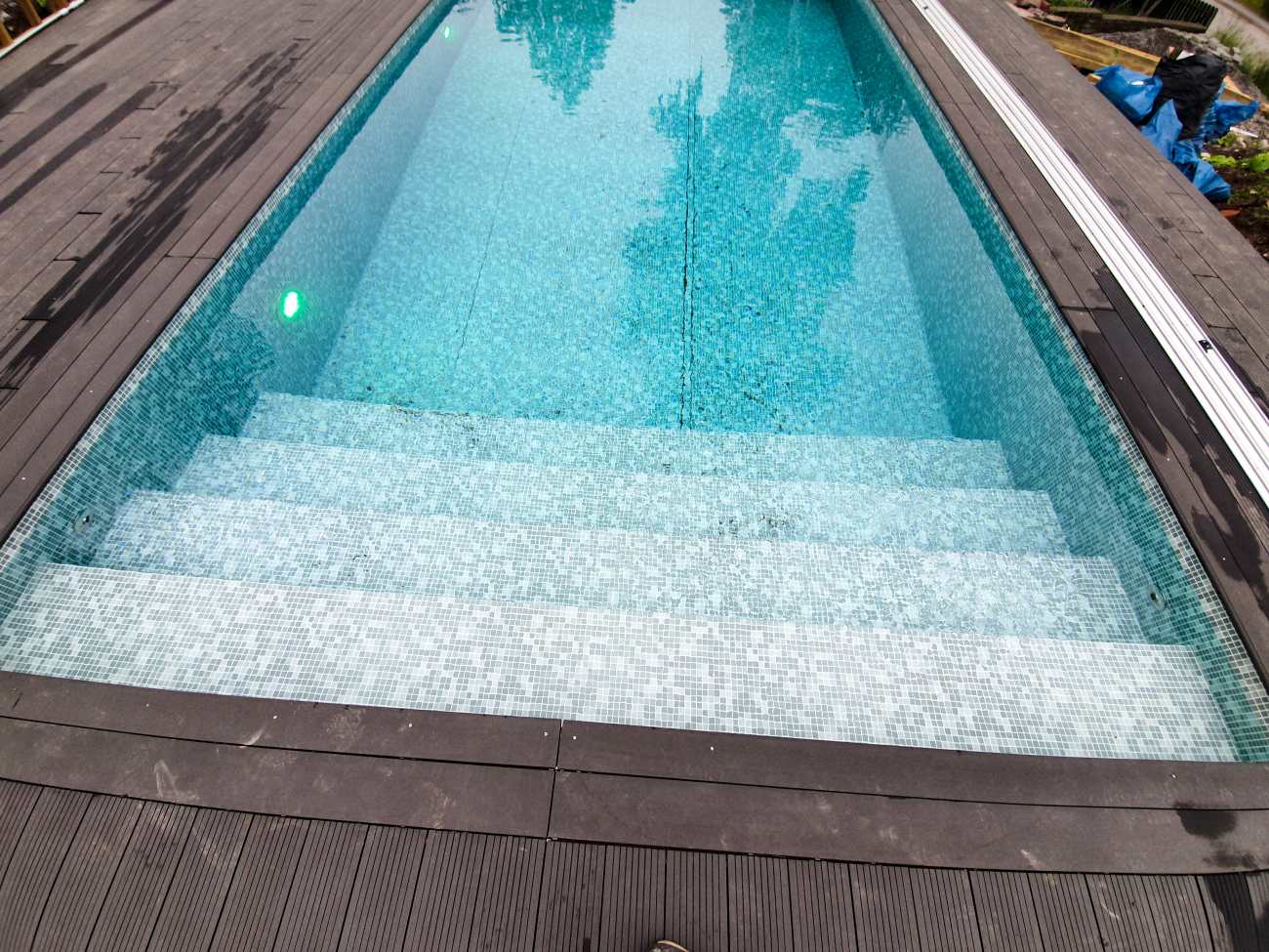 Pool i grönskande trädgård en sommardag